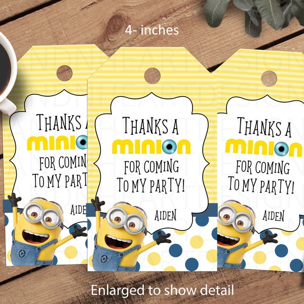 4" Personalized printable minion thank you tags,birthday gift tags, party favors, 8 per page print and cut