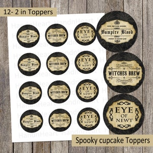 Printable Halloween cupcake toppers,spooky labels cupcake toppers,party decor,stickers,Halloween theme,party favors