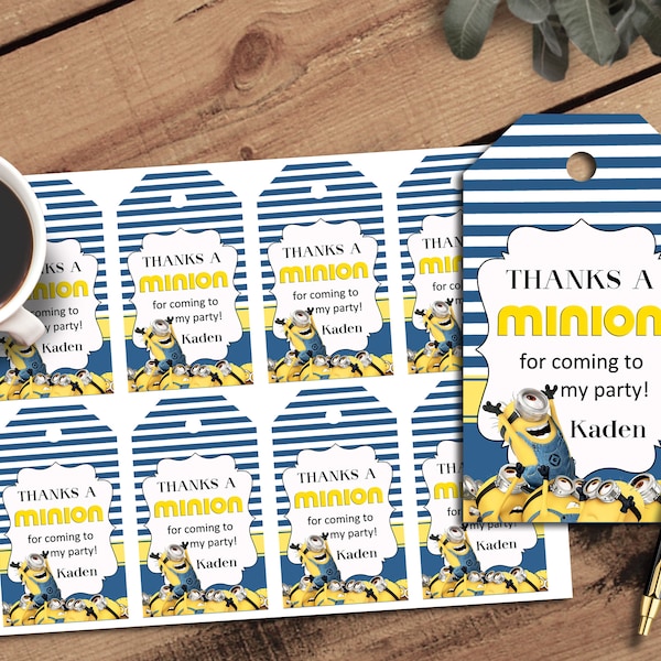 4 "Gepersonaliseerde afdrukbare minion dank u tags, verjaardag gift tags, partij gunsten, 8 per pagina afdrukken en knippen