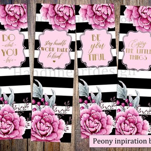 Printable bookmarks,black and white stripes with pink peonies,book lovers,inspirational bookmarks,flowers,quotes,gold foil font