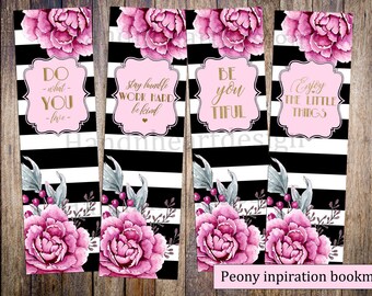 Printable bookmarks,black and white stripes with pink peonies,book lovers,inspirational bookmarks,flowers,quotes,gold foil font