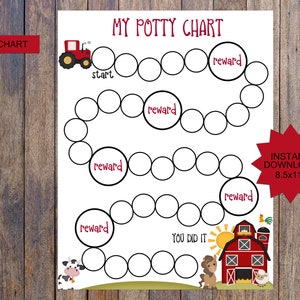 May include: A printable potty training chart with a farm theme. The chart features a red tractor, a barn, a cow, a horse, and a sheep. The chart has a path of circles with the word "reward" written in red on some of the circles. The chart also has the text "MY POTTY CHART" and "FARM POTTY CHART" at the top.