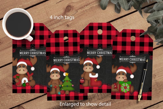 4 in. Printable buffalo plaid gift tags cute moose Christmas | Etsy