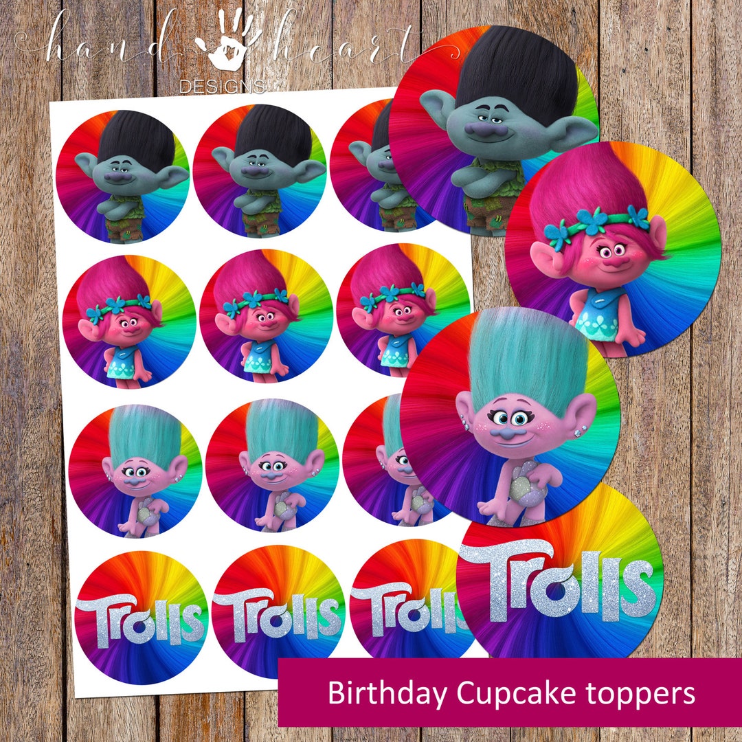 Printable Birthday Troll Cupcake Toppers,party Favors,bottle Caps