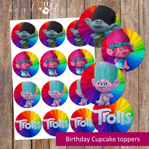 Geburtstag Troll Cupcake Topper, Partygeschenke, Kronkorken, Geburtstags Cupcake Topper, Party Dekoration, Aufkleber