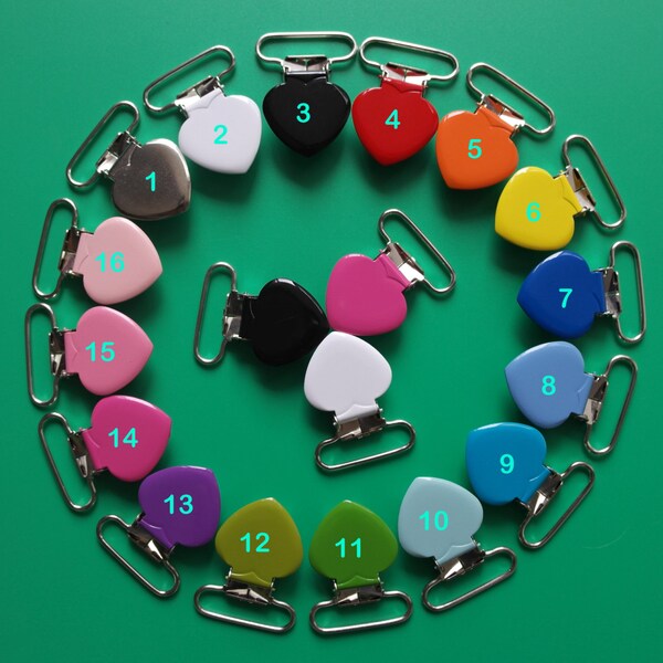 50 Mix 16 Colors 1'' 25mm Enamel Heart Suspender Clips Pacifier Mitten Fabric Dummy Clips Lead & Nickle Free