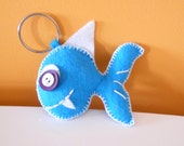 BLUE FISH handmade blue felt key chain. Original fish key ring. Animal shape felt key chain. Cute funny felt fish key ring with buttons.