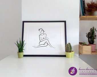 sitting woman nude silhouette, female figure drawing, abstract body line art, minimal timeless clean nude, outline sensual bedroom print