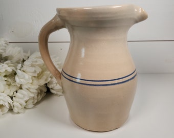 Vintage Blue Stripe Stoneware Crock Pottery Pitcher w/ Handle- Farmhouse Vase, French Country, Cottage