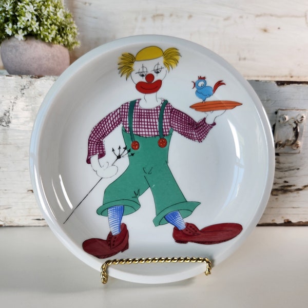 Vintage Porcelain Spal Portugal Clown Plate 7.5" - Childs Dinner Plate- Clown w/ Green Overalls and Bird