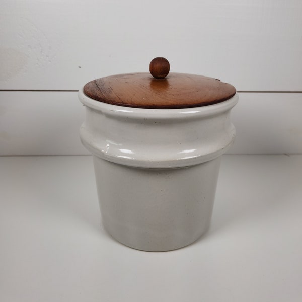 Antique Ironstone Crock Pottery w/ Wooden Lid "B"- Primitive Farmhouse, French Country, Utensil Holder