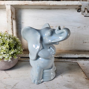 Vintage Tepeco Pottery Circus Elephant Vase- Mid-Century Ceramic Gray Elephant Planter