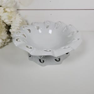 Vintage All White Porcelain Ornate Pedestal Fruit Bowl- Candy Dish- Farmhouse, French Country, Shabby Chic Decor