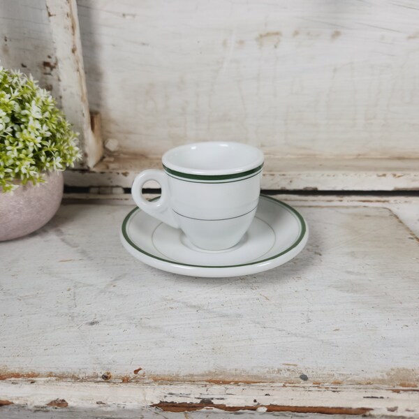 Vintage Mid Century Restaurant Ware Demitasse and Saucer w/ Green Stripes- Ironstone Hotel Ware Expresso Cup- Coffee Mug