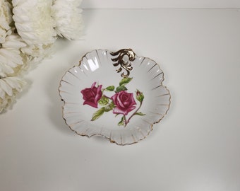 Vintage Mid Century Ucago China Hand-Painted Dish w/ Roses and Gold Trim- Ornate, Filigree