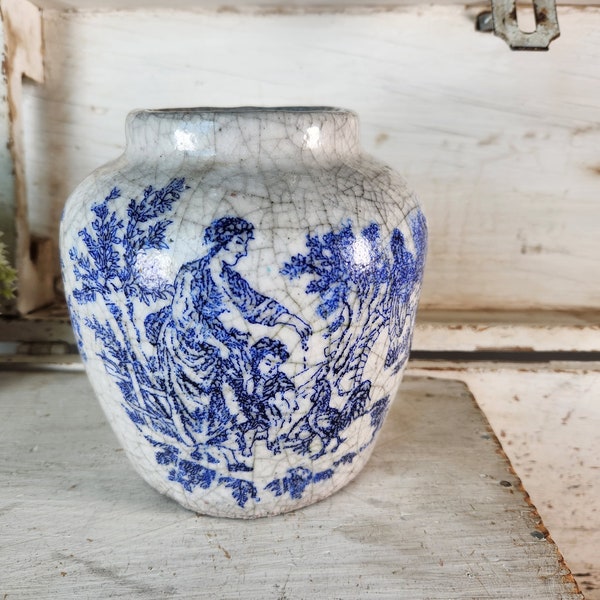 Vintage Blue and White Oriental Vase/ Pot Pottery- Hand Painted Asian Pottery