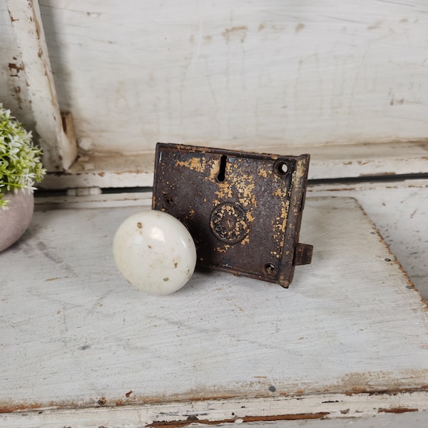 Antique Cast Iron Rim Lock & White Porcelain Door Knob Display- Rustic, Shabby Chic, Primitive, Farmhouse