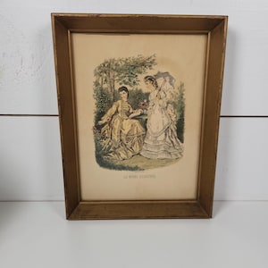 Antique La Mode Illustree French Victorian Fashion Litho Prints in Gold Wood Frame