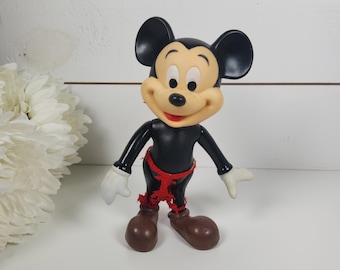 Vintage 1970s Walt Disney Production Posable Mickey Mouse Plastic Figure 7.5"- Hong Kong- VTG Toy