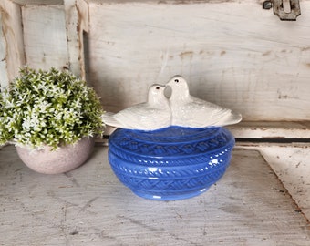 VTG Love Birds Blue Ceramic Jewelry Box- Trinket Dish with Lid- Candy Bowl