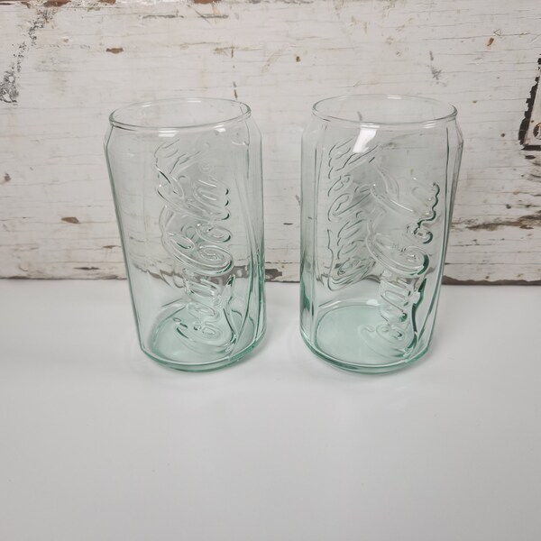 Green Glass Coca Cola Can Shaped Glasses- Set of 2- Retro- Can Shaped Coke Cups