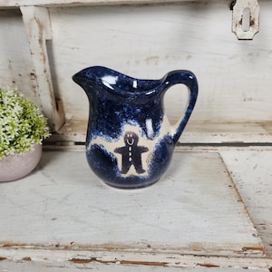 Small Vintage Blue Stoneware Crock Creamer Pitcher w/ Gingerbread Man- Farmhouse Christmas Stoneware Vase