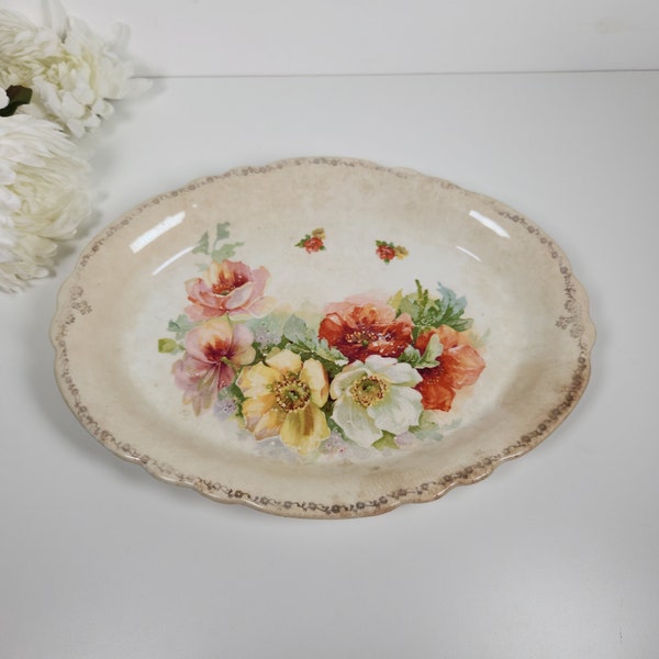 Antique C.P & CO Crown Scalloped Edge Floral Serving Platter- French Country Cottage- Shabby Chic, Farmhouse