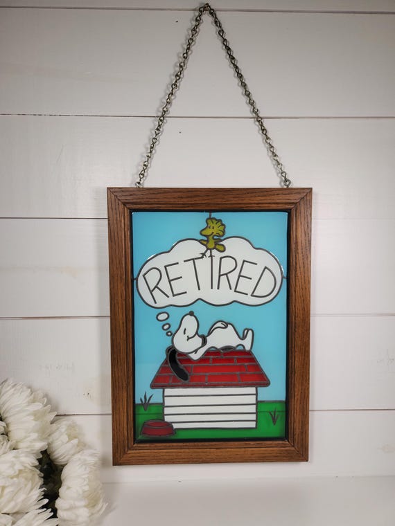 スヌーピー & ウッドストック ミラー　レトロ　ヴィンテージ Vintage Snoopy & Woodstock Retired Faux Stained Glass Wall Art