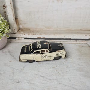 Vintage 1950s Marsan Tin Friction Toy Police Car , Japan- Collectible Metal Car Toys- Retro - Litho Tin Cars