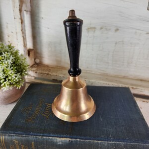 Vintage Wood Handle School Solid Brass Bell Marked Inside AU, 8.75”H, NICE