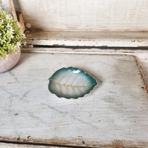 Vintage Porcelain Leaf Trinket Dish in Green, White, Gold- Small Leaf Jewelry Holder Tray- Made in Japan