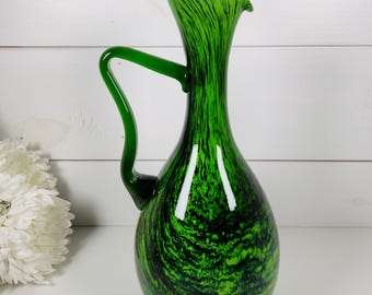 Vintage Italian Art Glass Pitcher | Murano Style Green & Black Splatter Glass | Mid Century Modern Hand Blown Statement Piece