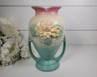 Vintage Hull Art Water Lily Trophy Vase 10 1/2"- Pink Green Pastel- 1940s Retro Pottery