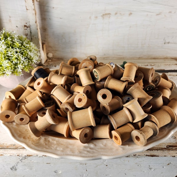 Vintage Wooden Sewing Spools- Lot of 15 Empty Natural Wood Spools, Various Sizes, With and Without Labels