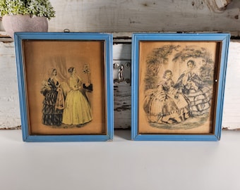 Framed Antique Godey's French Fashion Lithographs Circa 1850s- French Country, Victorian, Regency