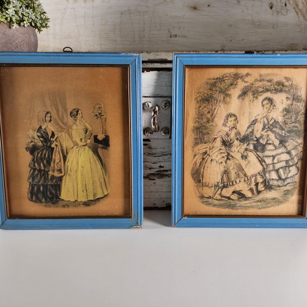 Framed Antique Godey's French Fashion Lithographs Circa 1850s- French Country, Victorian, Regency