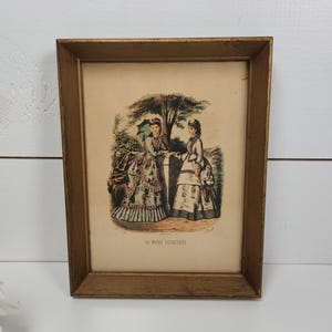 Antique La Mode Illustree French Victorian Fashion Litho Prints in Gold Wood Frame