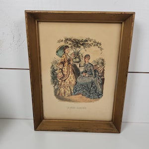 Antique La Mode Illustree French Victorian Fashion Litho Prints in Gold Wood Frame