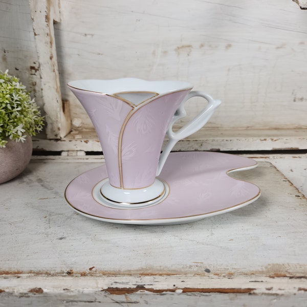 VTG CC&T Retro Pink and Gold Porcelain Coffee Tea Cup and Snack Saucer- Mid Century Modern