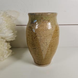 May include: A handmade ceramic vase with a speckled, tan exterior and a slightly flared rim. The vase has a smooth, glossy finish and a subtle, earthy aesthetic. The vase is approximately 6 inches tall.