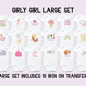 Kit de decoração de macacão feminino, transfers para chá de bebê de princesa, adesivos para passar a ferro, estação de decoração de macacão para meninas, bebê unicórnio