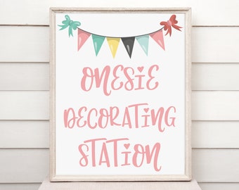 Onesie Decorating Station Sign - Vintage Baby Shower Game (PDF)