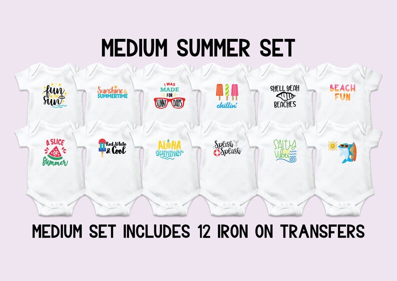 Puede incluir: Un conjunto de 12 transferencias para planchar para bodies de beb&eacute; con dise&ntilde;os de tem&aacute;tica veraniega. Los dise&ntilde;os incluyen frases como "Fun in the Sun", "A Slice of Summer", "Aloha Summer" y "Salty Vibes".
