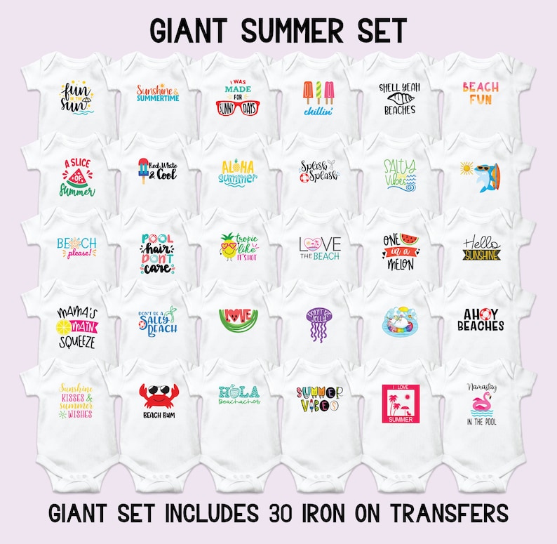 Puede incluir: Un conjunto de 30 transferencias para planchar para bodies de beb&eacute; con dise&ntilde;os de tem&aacute;tica veraniega. Los dise&ntilde;os incluyen frases como "Sunshine & Summertime", "Aloha Summer", "Pool Hair Don't Care", "One in a Melon", y "Ahoy Beaches".