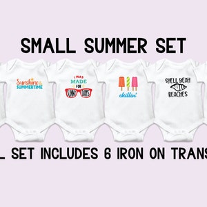 Puede incluir: Conjunto de seis transferencias para planchar para bodies de beb&eacute; con dise&ntilde;os de tem&aacute;tica veraniega. Los dise&ntilde;os incluyen "fun in the sun", "sunshine & summertime", "I was made for sunny days", "chillin'" con paletas de hielo, "shell yeah beaches", y "beach fun".