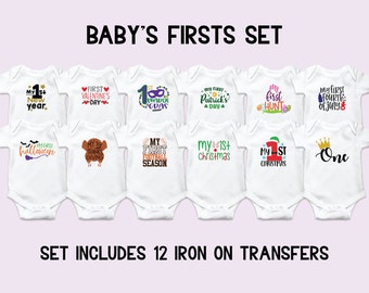 Baby's Firsts Onesie Decorating Kit, Iron On Transfers, First Year Decals, Baby Shower Activity, Iron On Decals, Onesie Decorating Station