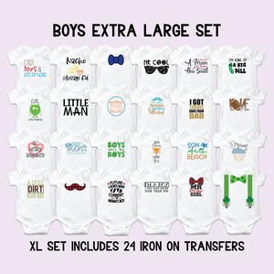 May include: A set of 24 iron-on transfers for baby onesies. The transfers feature a variety of designs, including funny sayings, cute animals, and sports-themed graphics. The designs are printed on white iron-on transfer paper. XL SET INCLUDES 24 IRON ON TRANSFERS