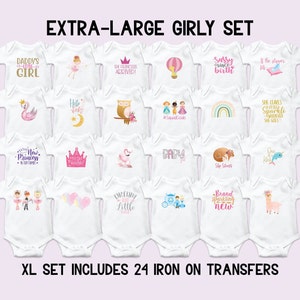 May include: A set of 24 iron-on transfers for baby onesies. The transfers feature a variety of designs, including animals, princesses, rainbows, and more. The text on the transfers includes phrases like "Daddy's Little Girl", "The Princess Arrived", "Sassy Since Birth", and "New Princess in Our Family".