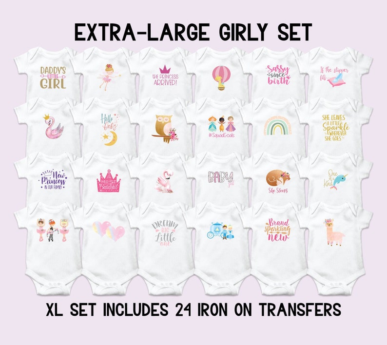 May include: A set of 24 iron-on transfers for baby onesies. The transfers feature a variety of designs, including animals, princesses, rainbows, and more. The text on the transfers includes phrases like "Daddy's Little Girl", "The Princess Arrived", "Sassy Since Birth", and "New Princess in Our Family".