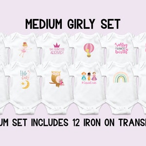 May include: Set of 12 iron-on transfers for baby onesies. The designs include a pink flamingo, a princess with a crown, a hot air balloon, a rainbow, an owl, and more. The text on the transfers includes "Daddy's Little Girl", "The Princess Arrived", "Sassy Since Birth", "Hello Baby", "She Leaves a Little Sparkle Wherever She Goes", and "#SquadGoals".